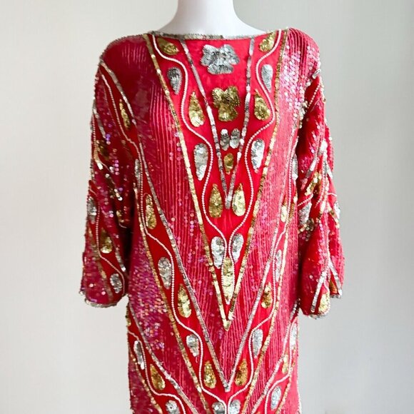 Vintage Red Silk Beaded Embroidered Long Sleeve Sheath Dress S/M - Picture 5 of 13